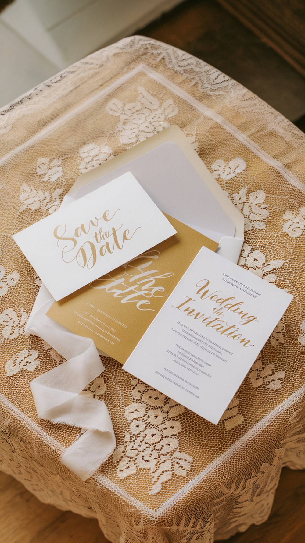 Elegant wedding invitations displayed on a lace tablecloth with gold accents.