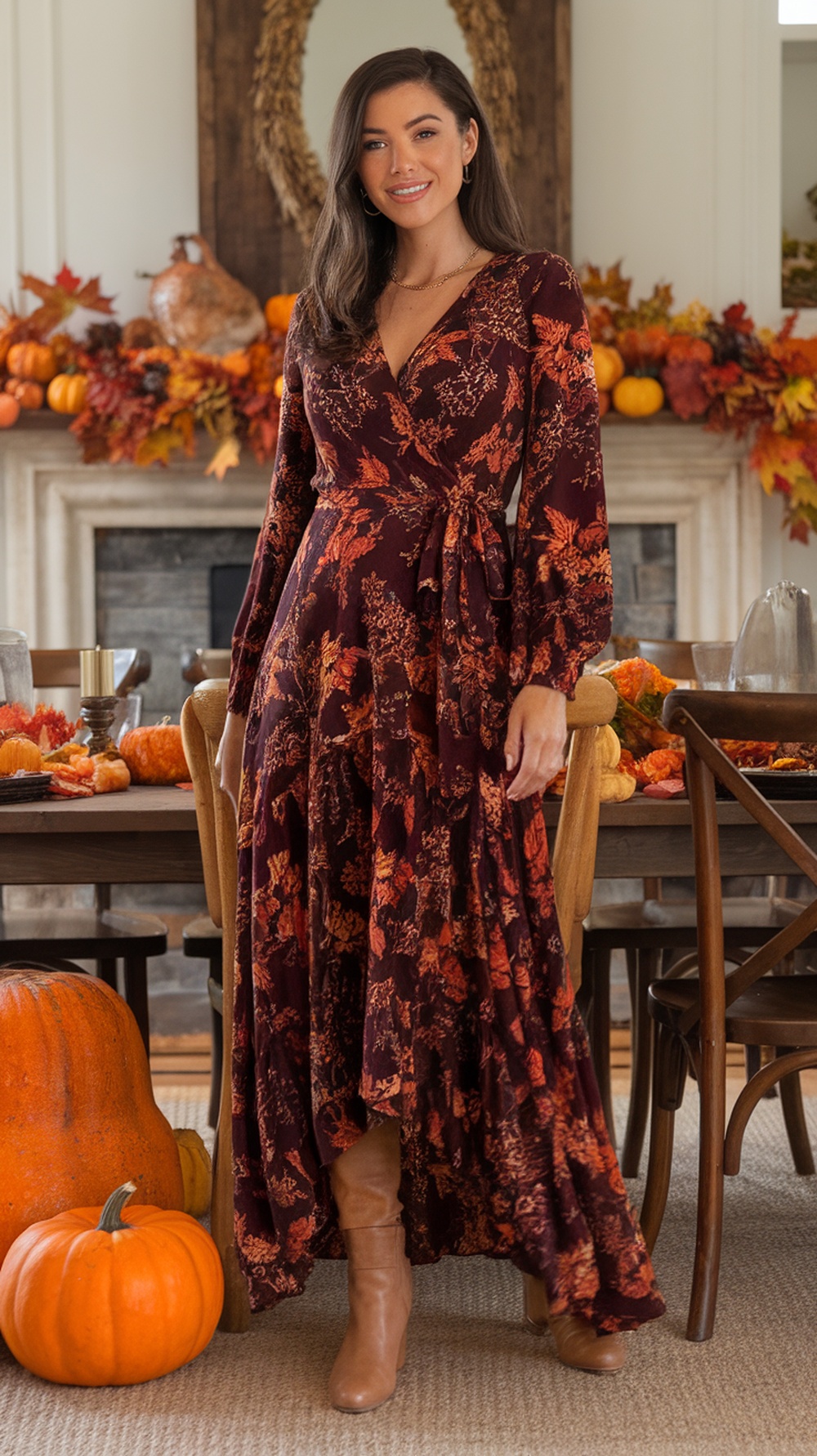 A woman wearing a wrap dress with a floral pattern, standing in a cozy Thanksgiving setting with pumpkins and autumn decorations.