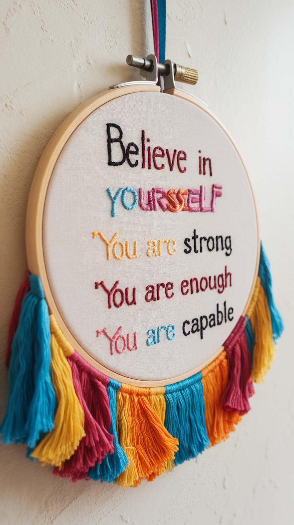 An embroidered affirmation hoop with colorful messages promoting self-belief and strength.