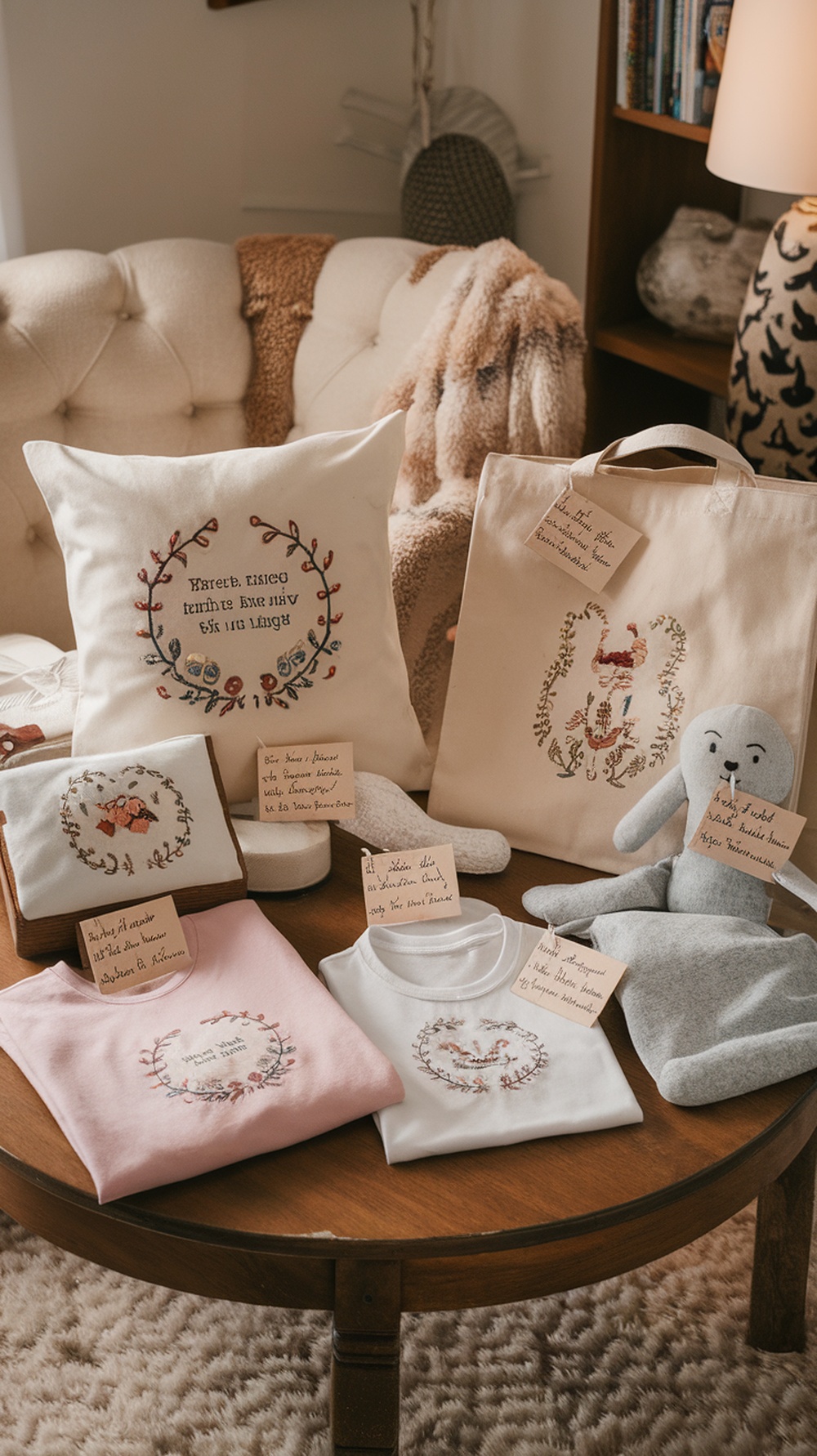 A cozy setting featuring various embroidered keepsakes including pillows, bags, and clothing, each with a tag sharing their story.
