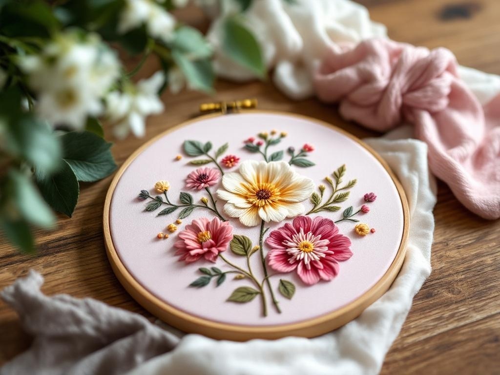 Colorful embroidery hoop art featuring flowers on a pink background.