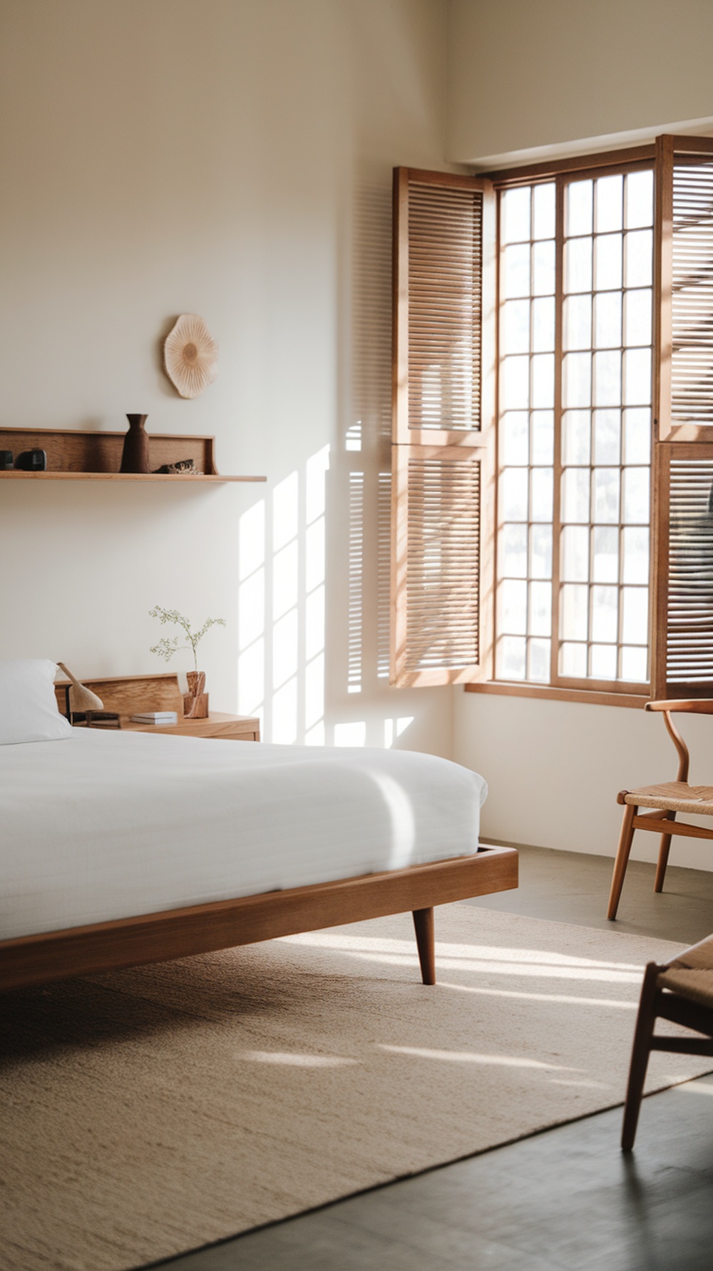 A serene Japandi bedroom with natural light streaming through a large window, featuring wooden furniture and minimal decor.