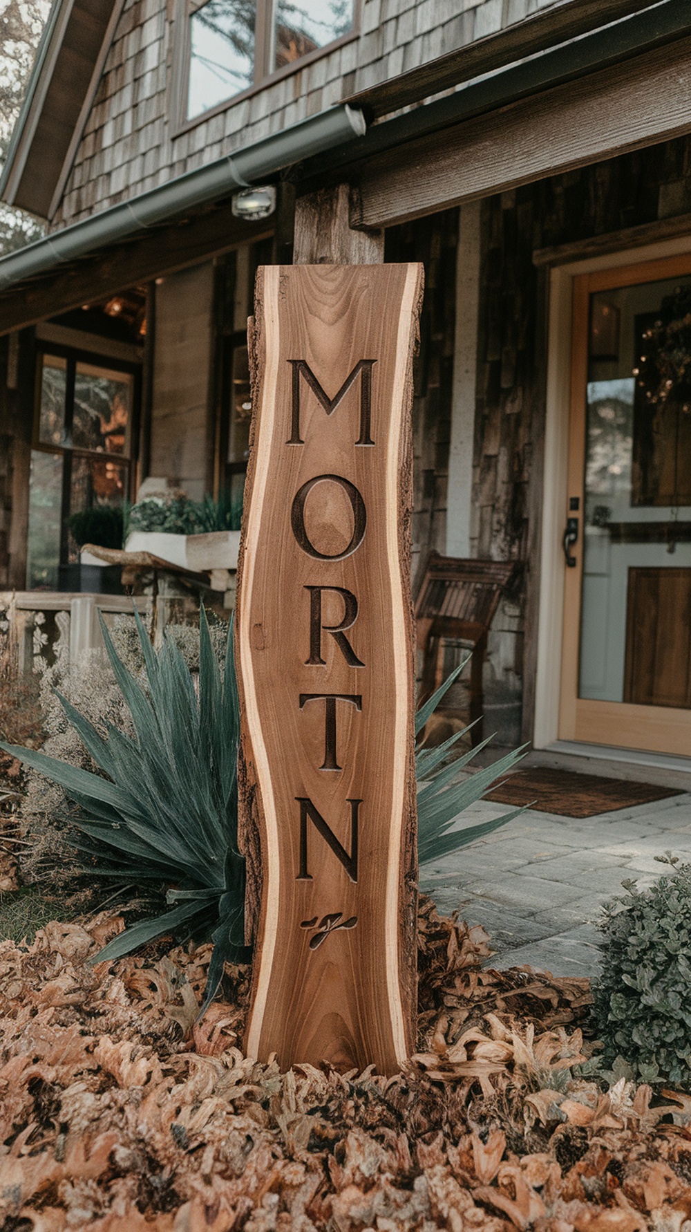 Engraved wooden sign with the name 'MORTN' displayed outdoors