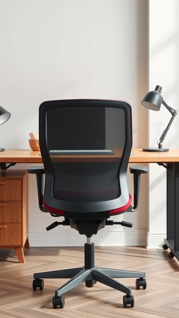 A modern ergonomic chair in a home office setting, positioned in front of a desk with a lamp and a bowl of pens.
