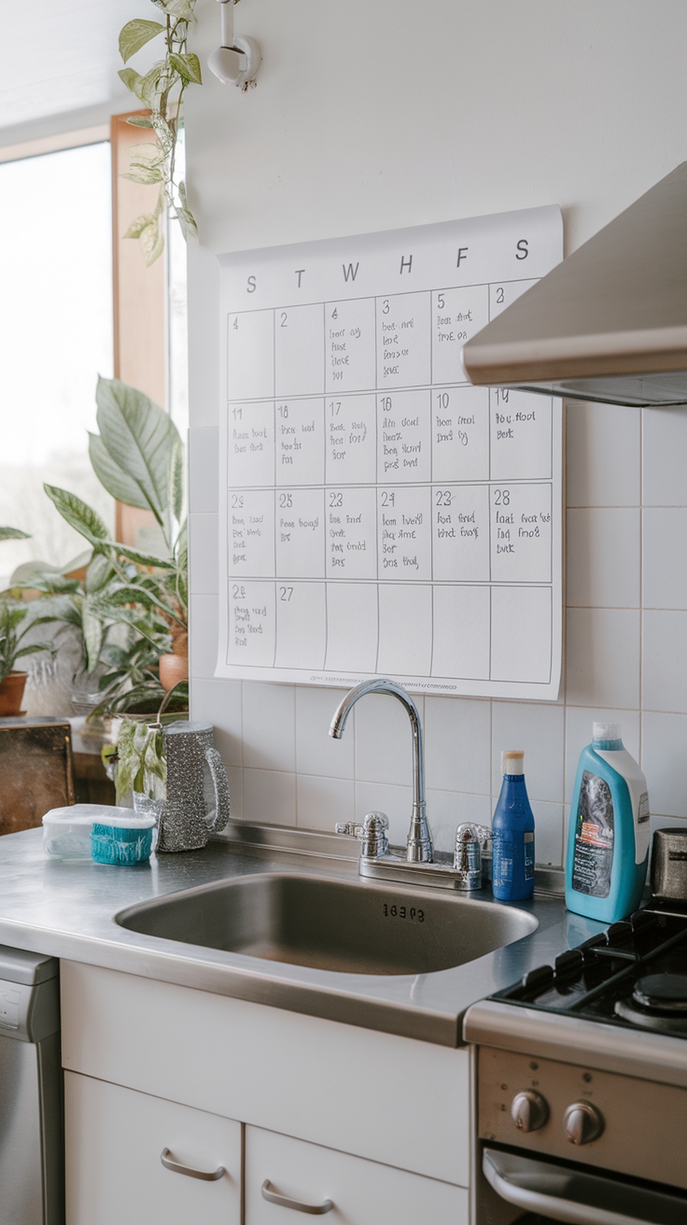 A cleaning schedule calendar on the wall next to cleaning tools and plants in a kitchen setting.