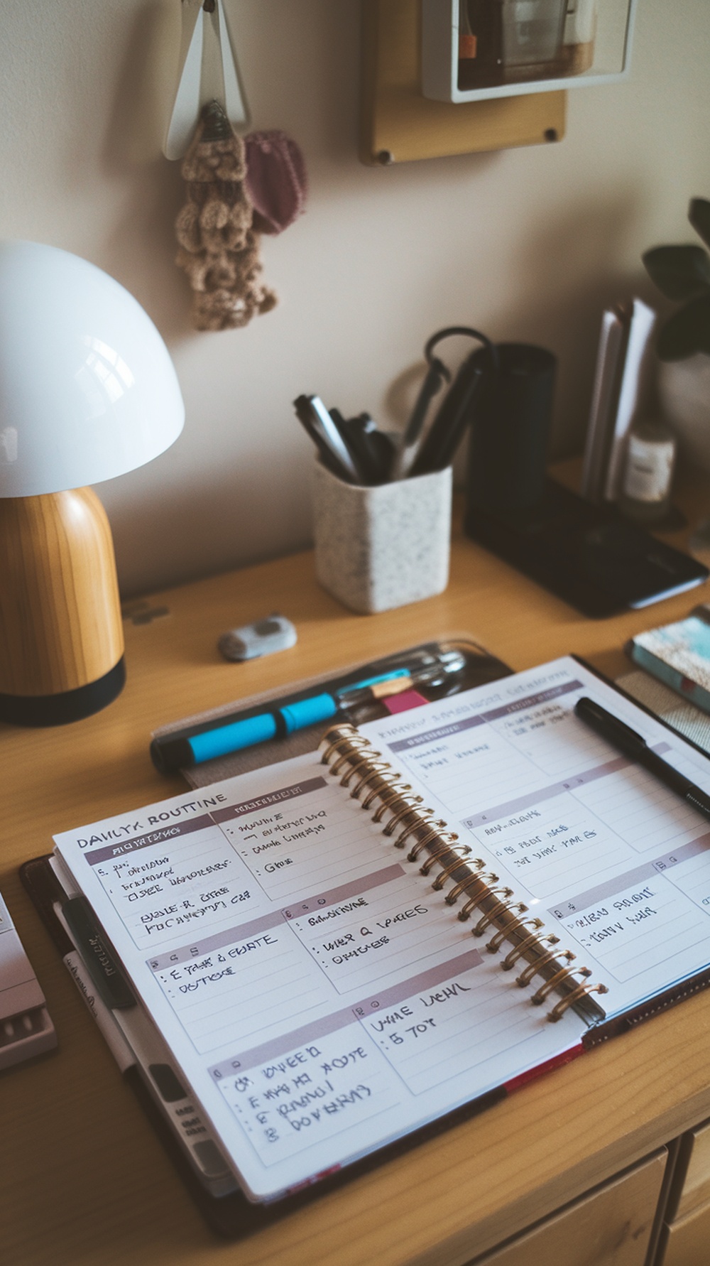 A cozy workspace with an open planner labeled 'DAILY ROUTINE,' showing organized tasks and reminders.