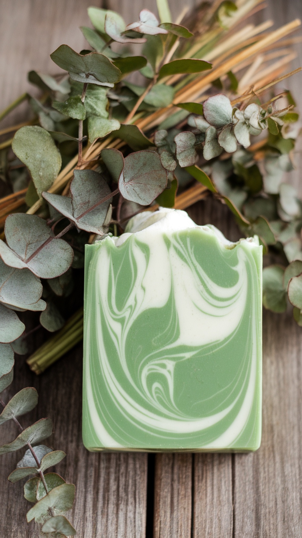 A vibrant green and white swirled soap next to eucalyptus leaves on a wooden surface.