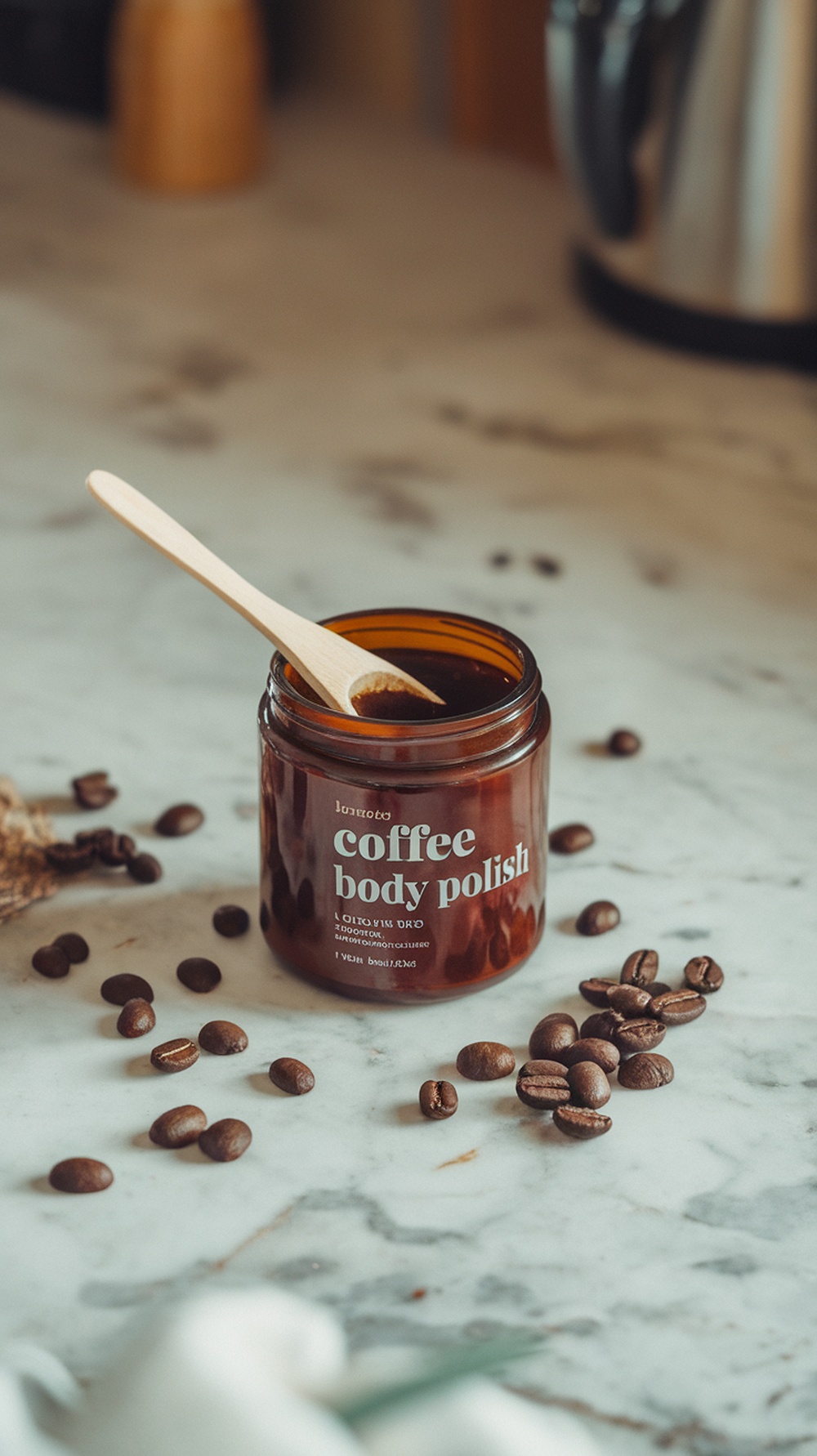 A jar of coffee body polish with a wooden spoon, surrounded by coffee beans on a marble surface.