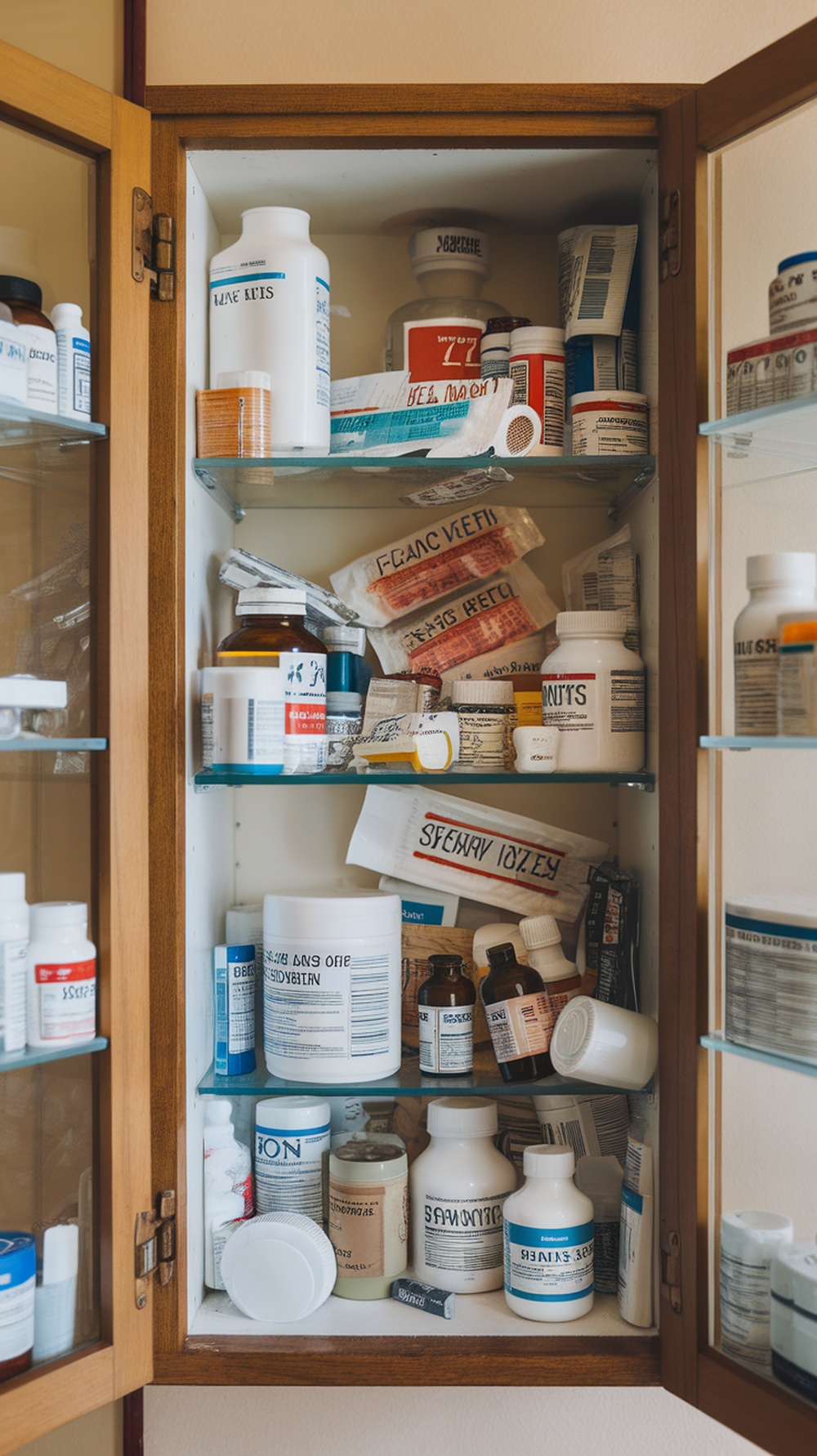 A cluttered medicine cabinet filled with various bottles and packages of medications.