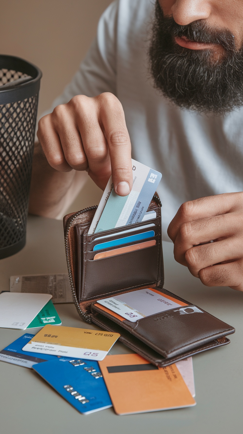 A person organizing membership cards in a wallet, with expired cards scattered on the table.
