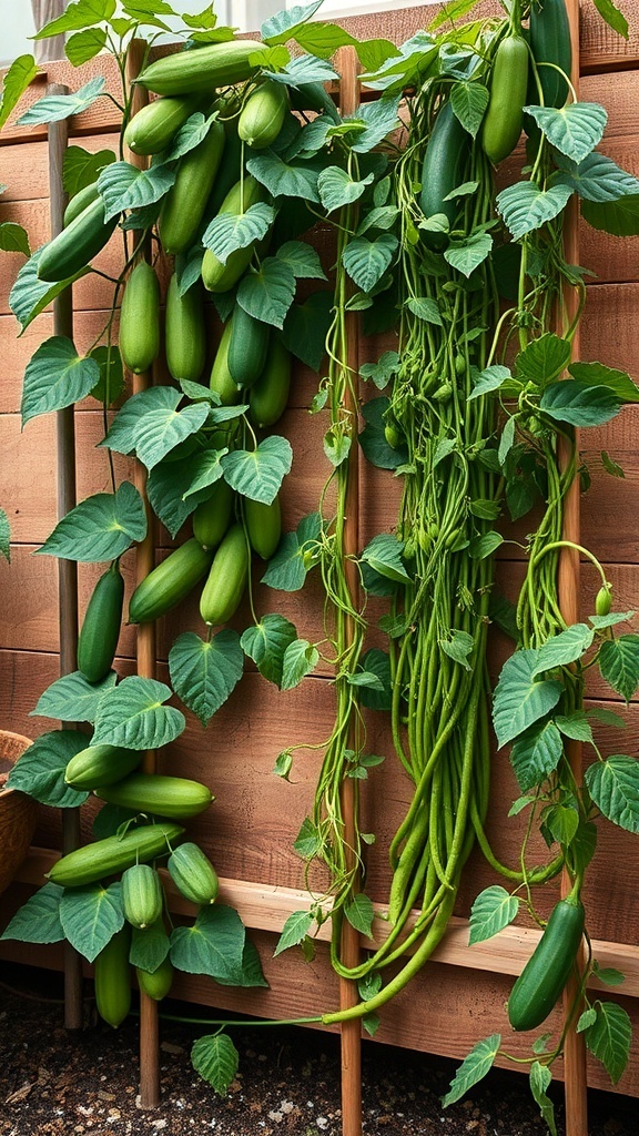Vertical garden with green vegetables climbing on a trellis.