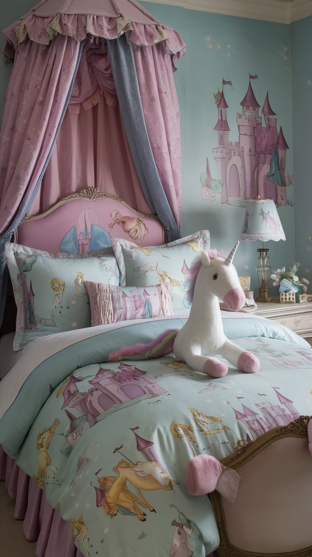 A beautifully decorated princess bedroom featuring fairy tale inspired bedding with pastel colors, castle illustrations, and a canopy bed.