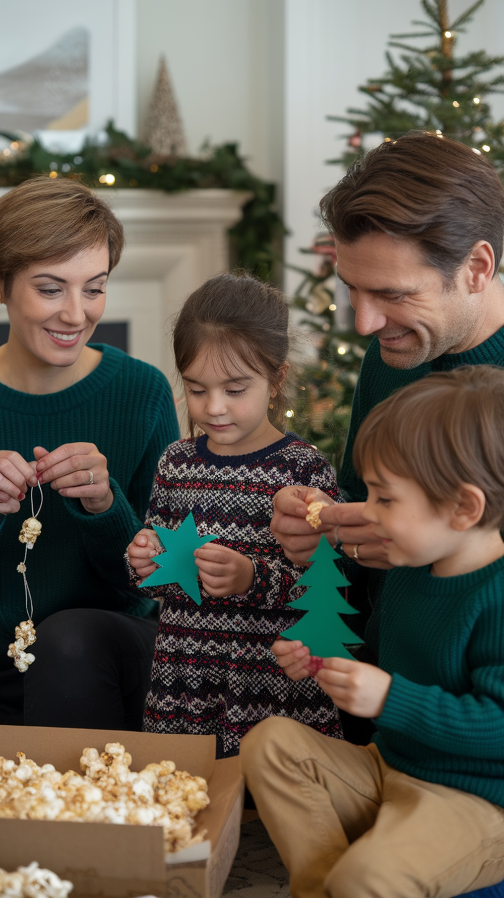 A family making popcorn garlands and holiday decorations together.