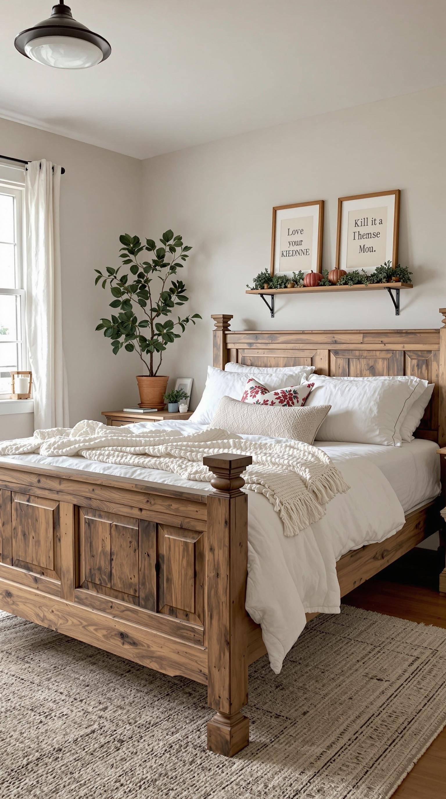A rustic wooden farmhouse style bed frame with a cozy bedding arrangement.