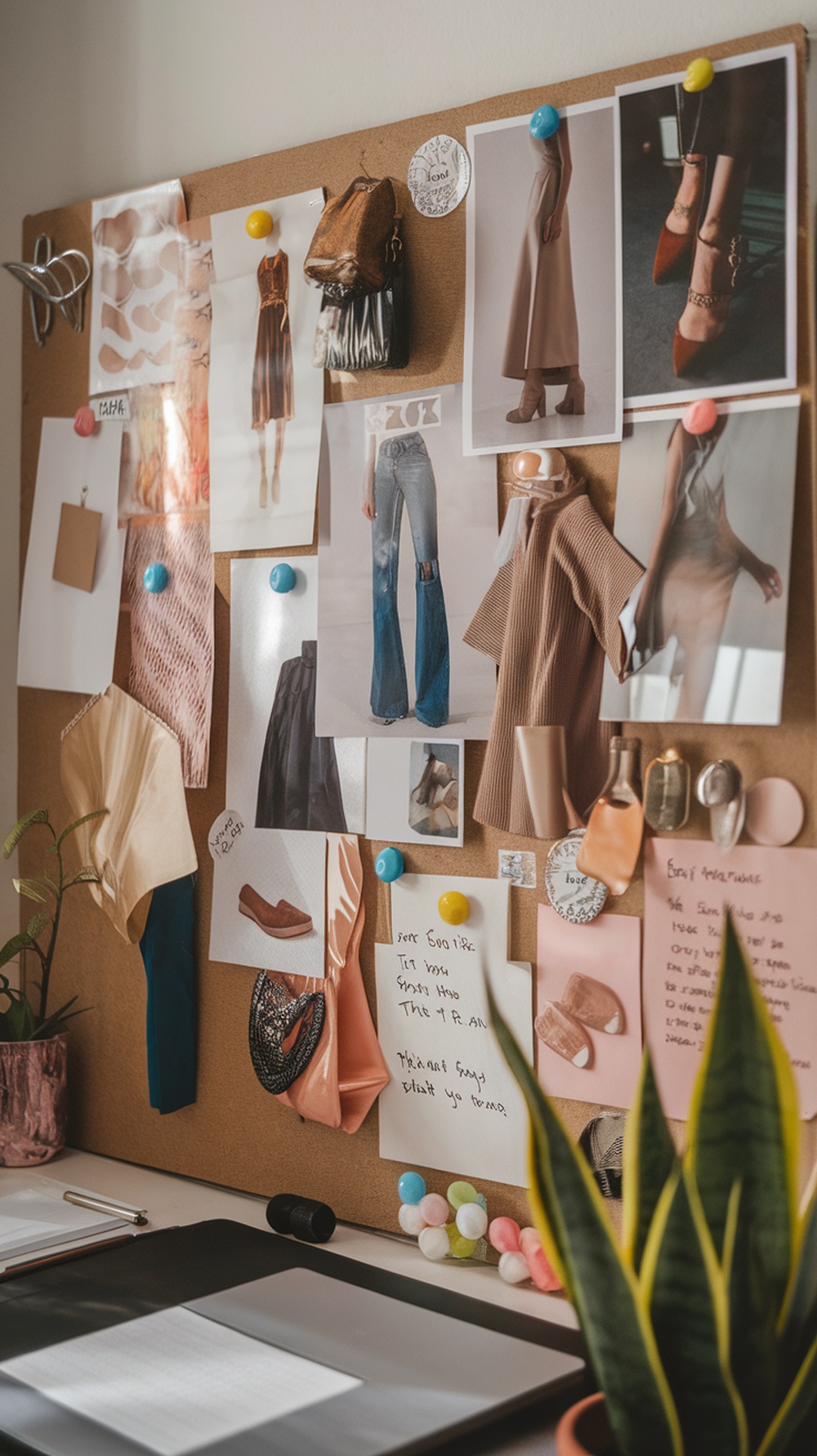 A corkboard filled with fashion inspirations including outfit photos, accessories, and handwritten notes.