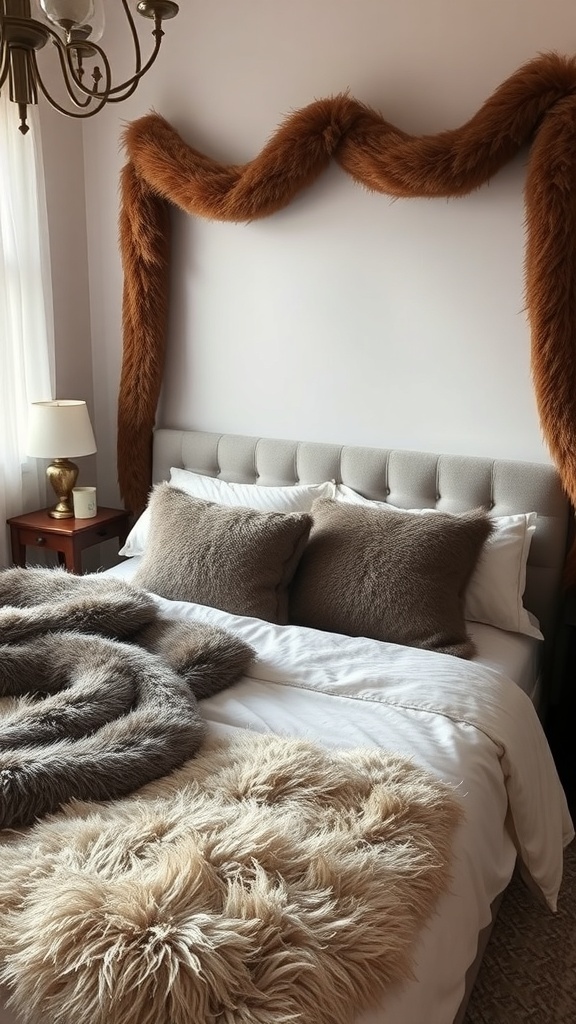 A cozy bedroom featuring faux fur accents on the bed and wall, creating a warm and inviting atmosphere.