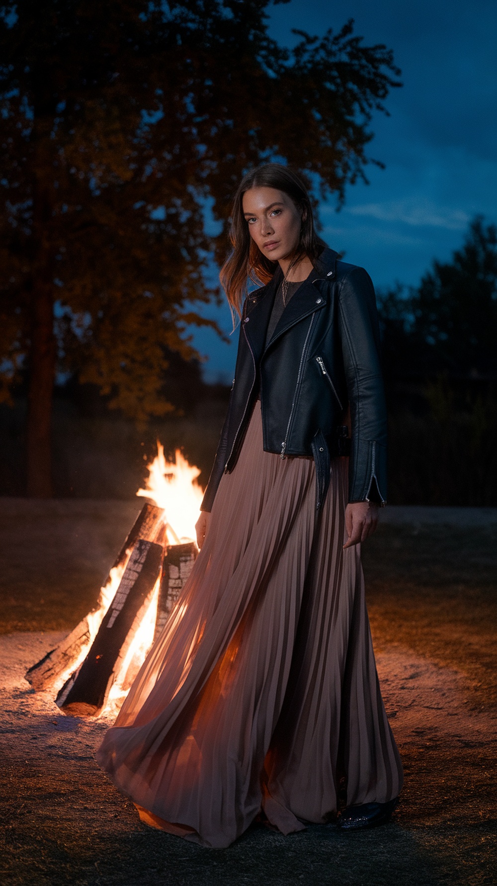 A woman wearing a faux leather jacket and a flowing maxi skirt stands near a bonfire at night.