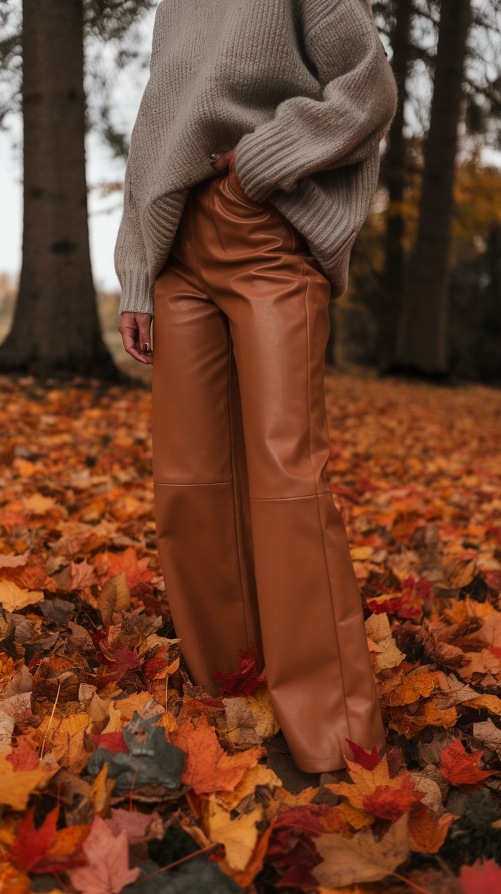 A person wearing faux leather pants and a cozy sweater, standing among colorful autumn leaves.