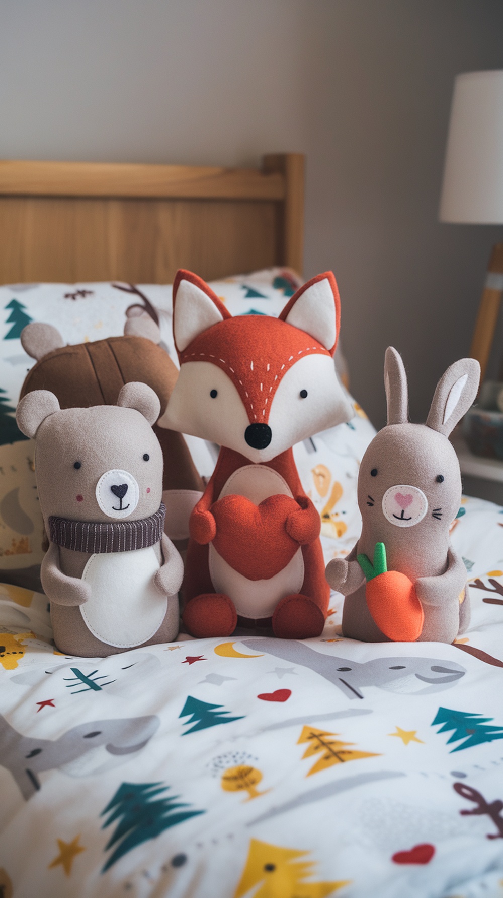 A collection of felt animal softies including a bear, fox, and rabbit on a colorful bedspread.