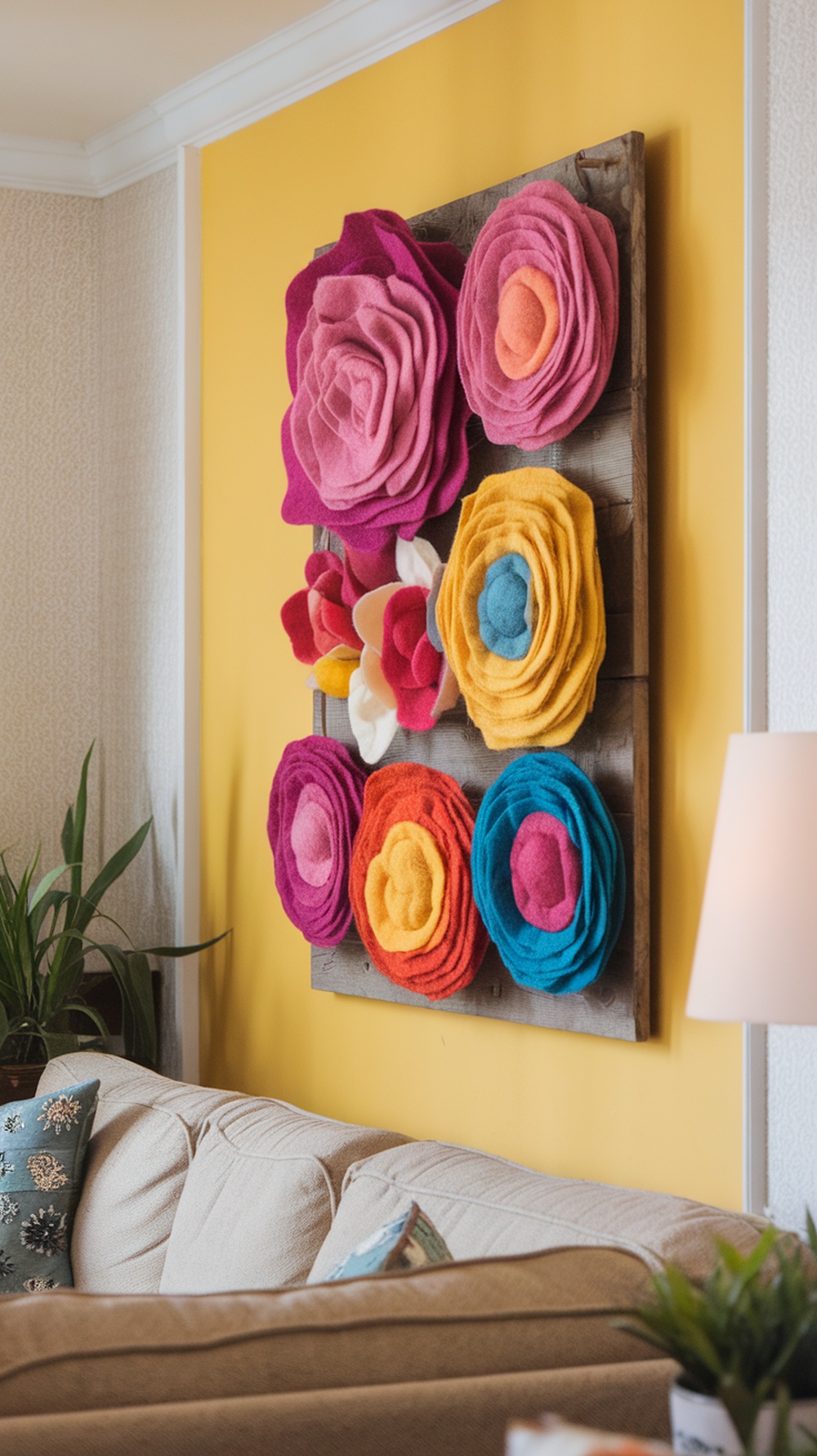 Colorful felt flower wall art on a wooden panel against a yellow wall.