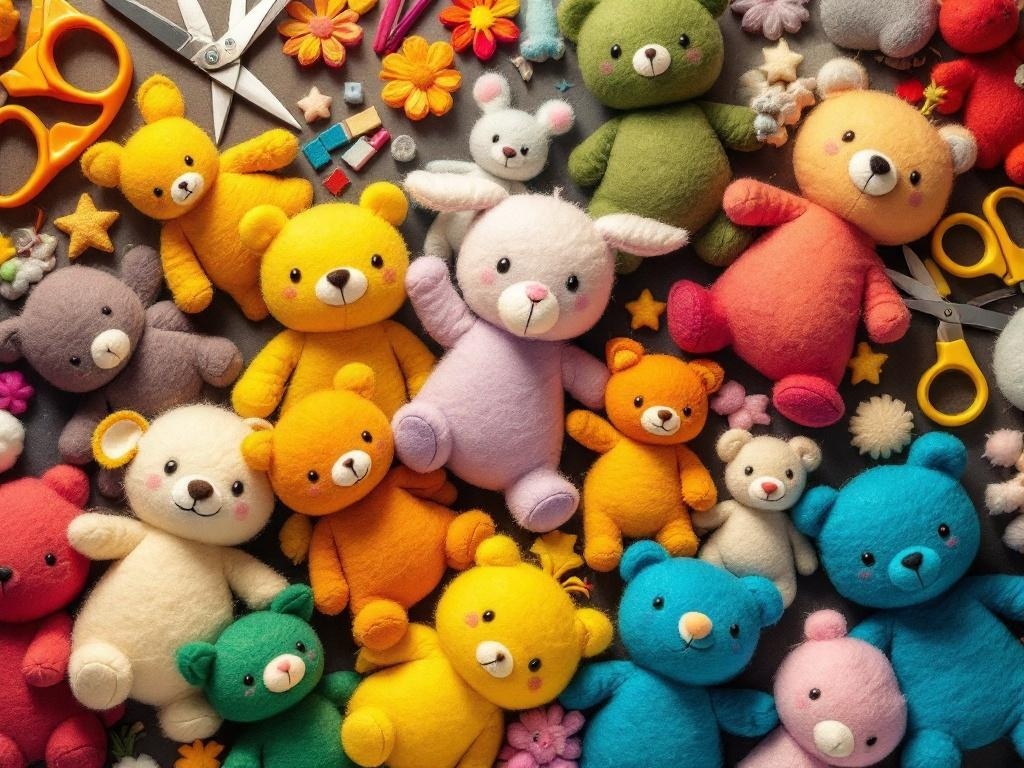 A variety of colorful felt plush toys and crafting materials including scissors and decorative items.