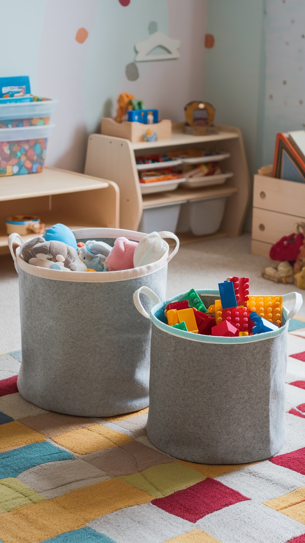 Two felt storage baskets filled with toys in a colorful room.