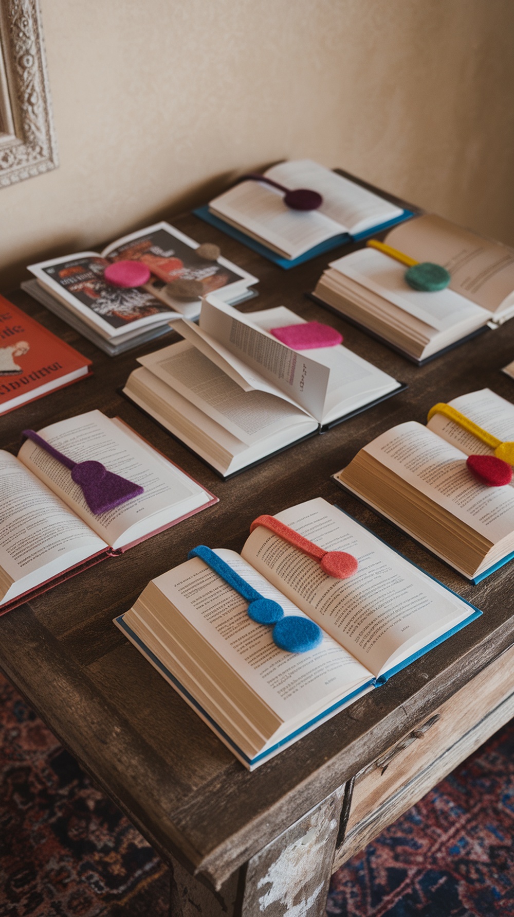 Colorful felted bookmarks placed in open books on a wooden table.