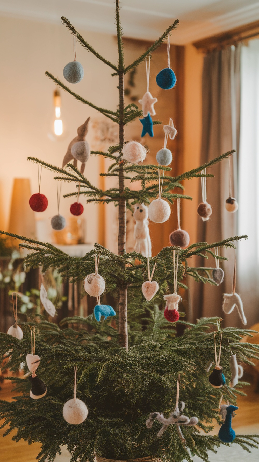 A Christmas tree adorned with colorful felted ornaments, including stars, hearts, and animals.
