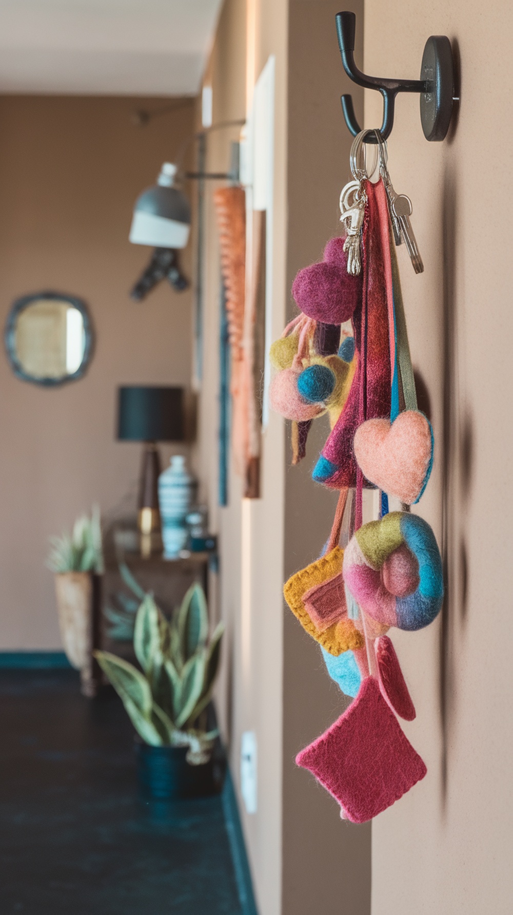 Colorful felted keychains hanging on a hook in a stylish home interior.