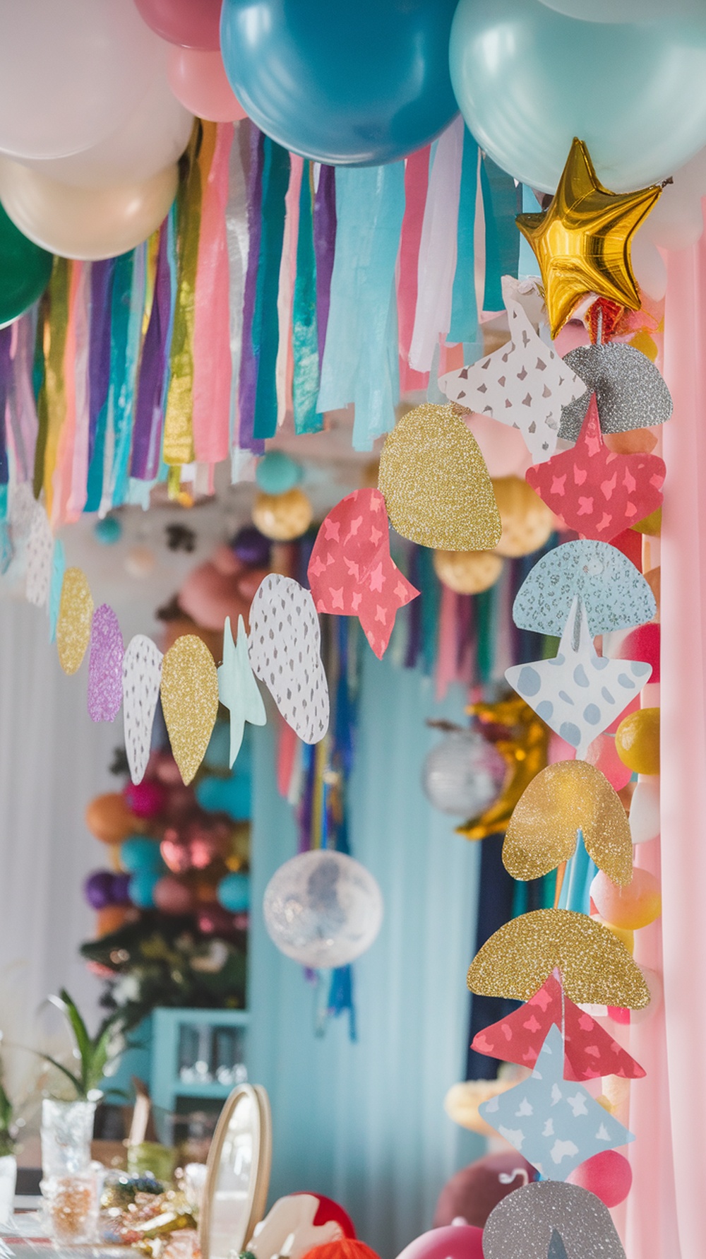 Colorful paper garlands with balloons and festive decorations