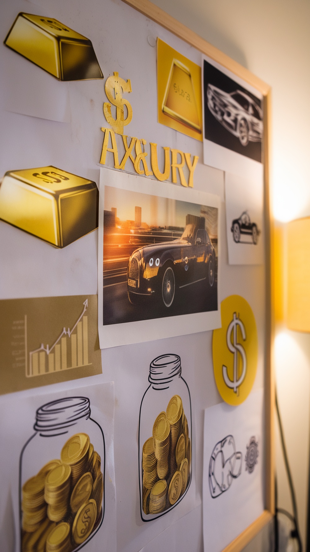 A vision board featuring gold bars, luxury cars, and jars of coins, symbolizing financial goals and abundance.