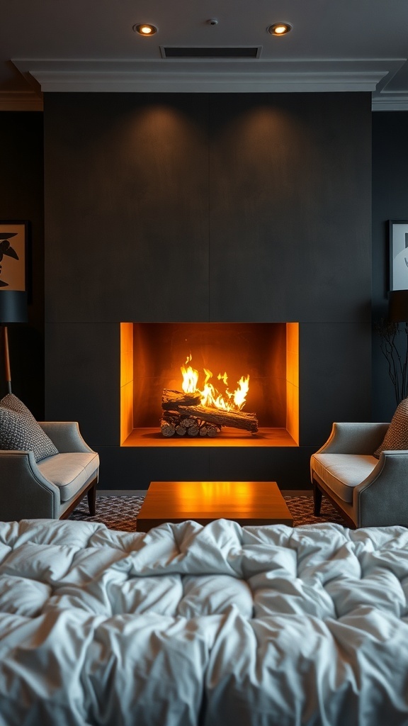 A modern bedroom with a fireplace, featuring two chairs and a cozy bed.