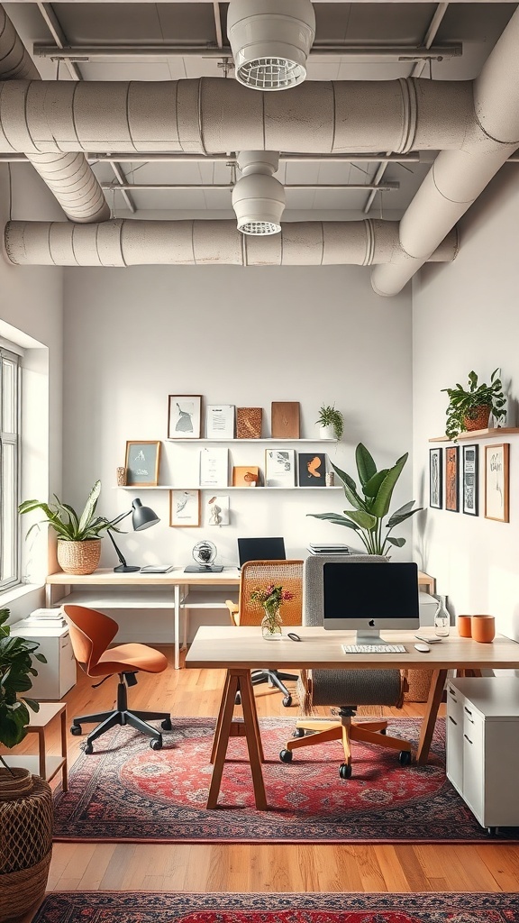 A stylish boho office with plants, a wooden desk, and colorful chairs.