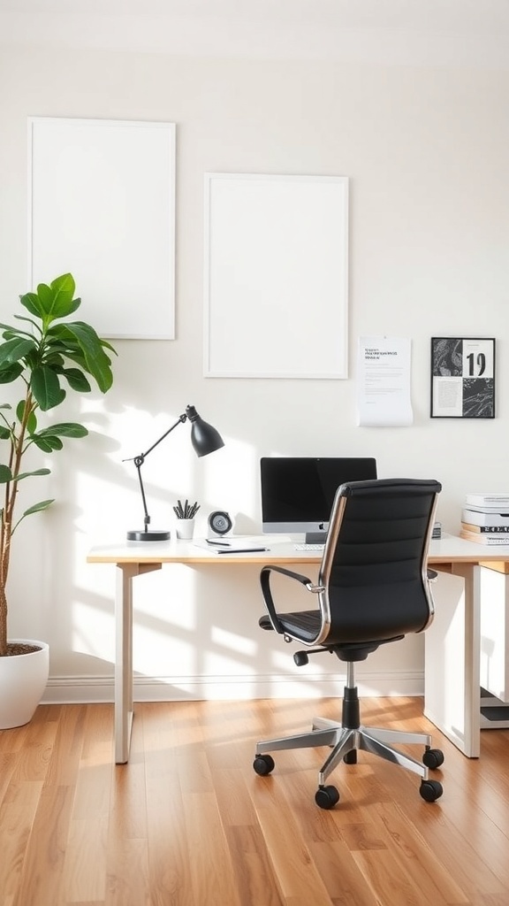 A modern home office with a desk, chair, lamp, and a plant.