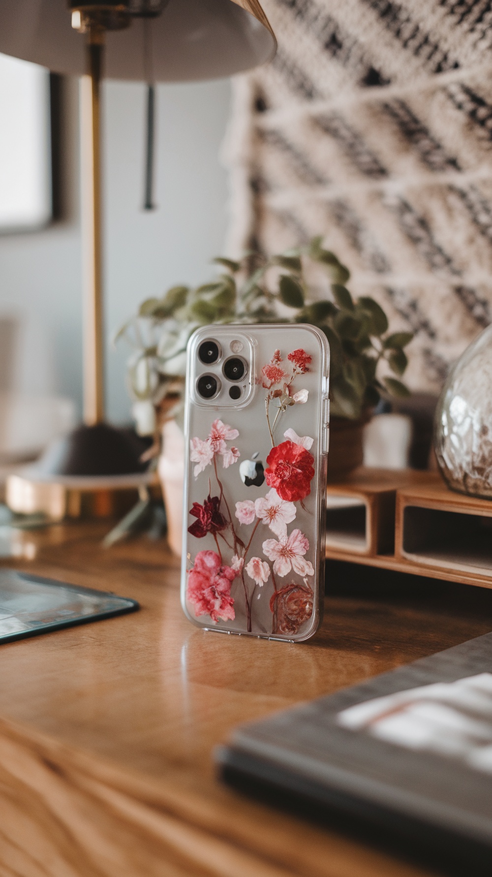 A floral resin phone case with colorful flowers displayed on a wooden table.