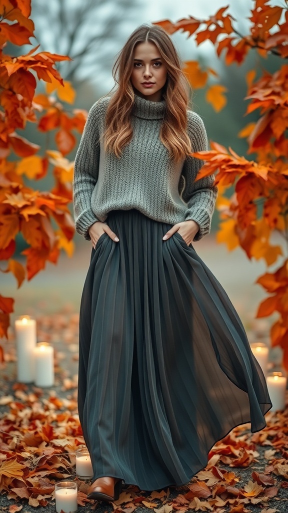 A woman wearing a flowy maxi skirt and a chunky sweater, standing in a fall-themed setting with candles and pumpkins.