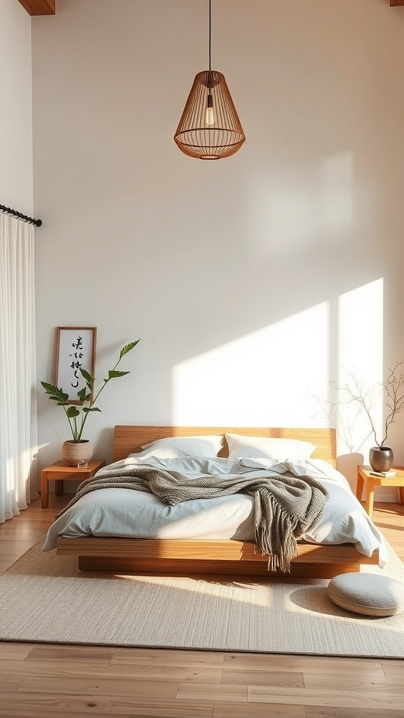A beautifully designed bedroom featuring a woven pendant light, soft linens, and natural decor.