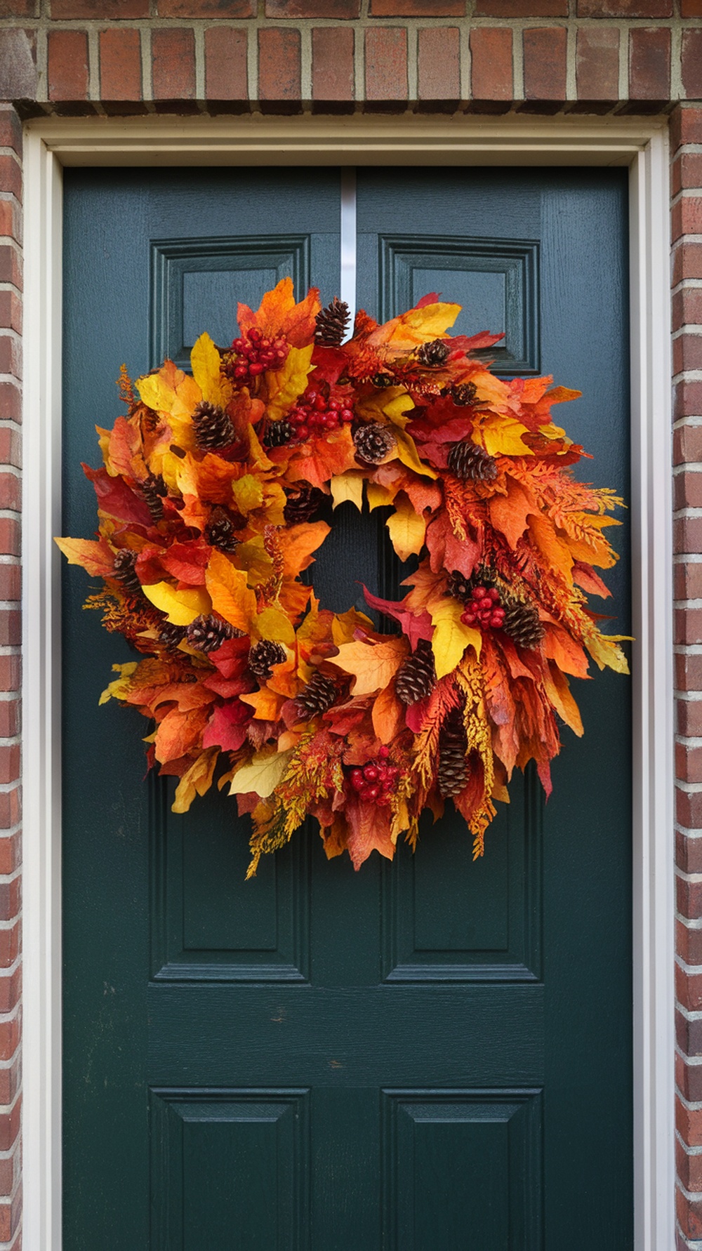 A vibrant autumn wreath made of orange, yellow, and red leaves, pinecones, and berries, hanging on a dark green door.