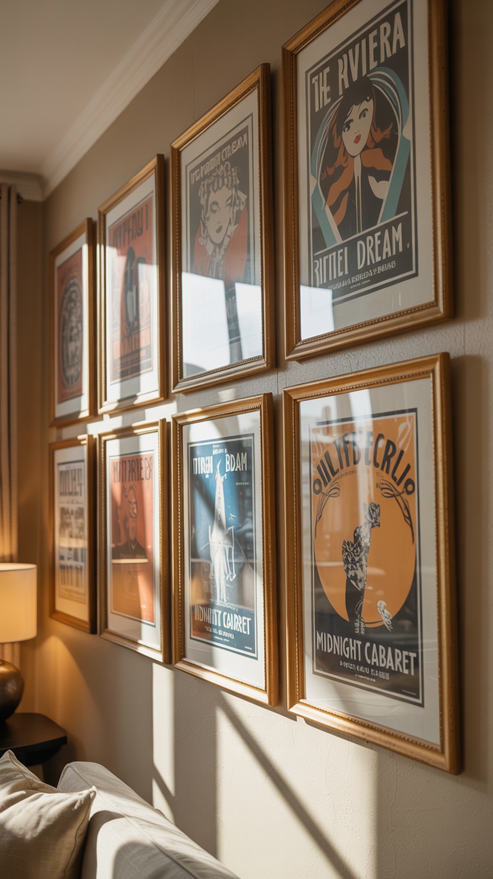 A wall with framed vintage posters in gold frames, showcasing Art Deco designs.