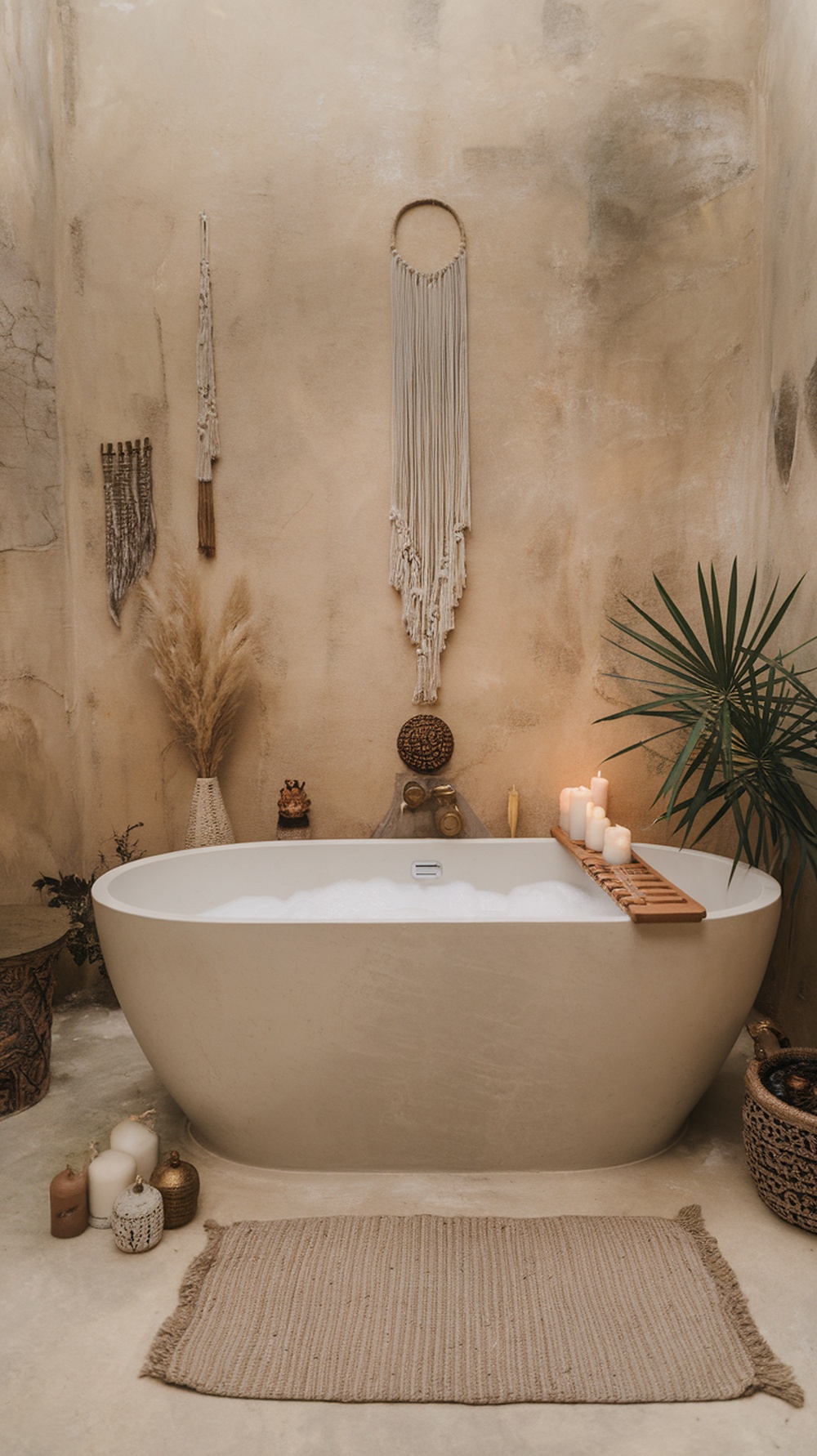 A stylish freestanding bathtub in a bohemian bathroom setting, surrounded by candles, plants, and decorative elements.