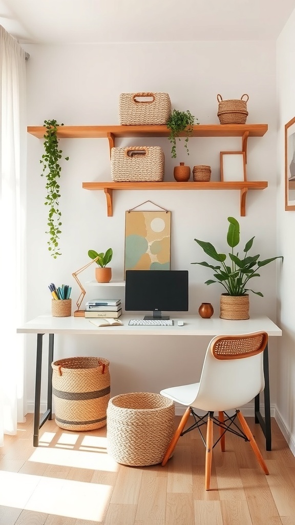A boho-style office featuring a desk with a computer, woven baskets for storage, and plants for decoration.