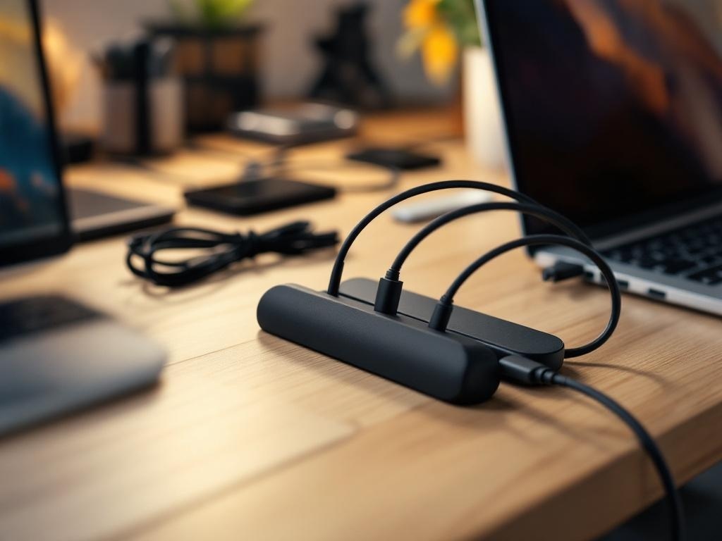 A sleek cable organizer on a wooden desk with multiple ports for connecting devices.
