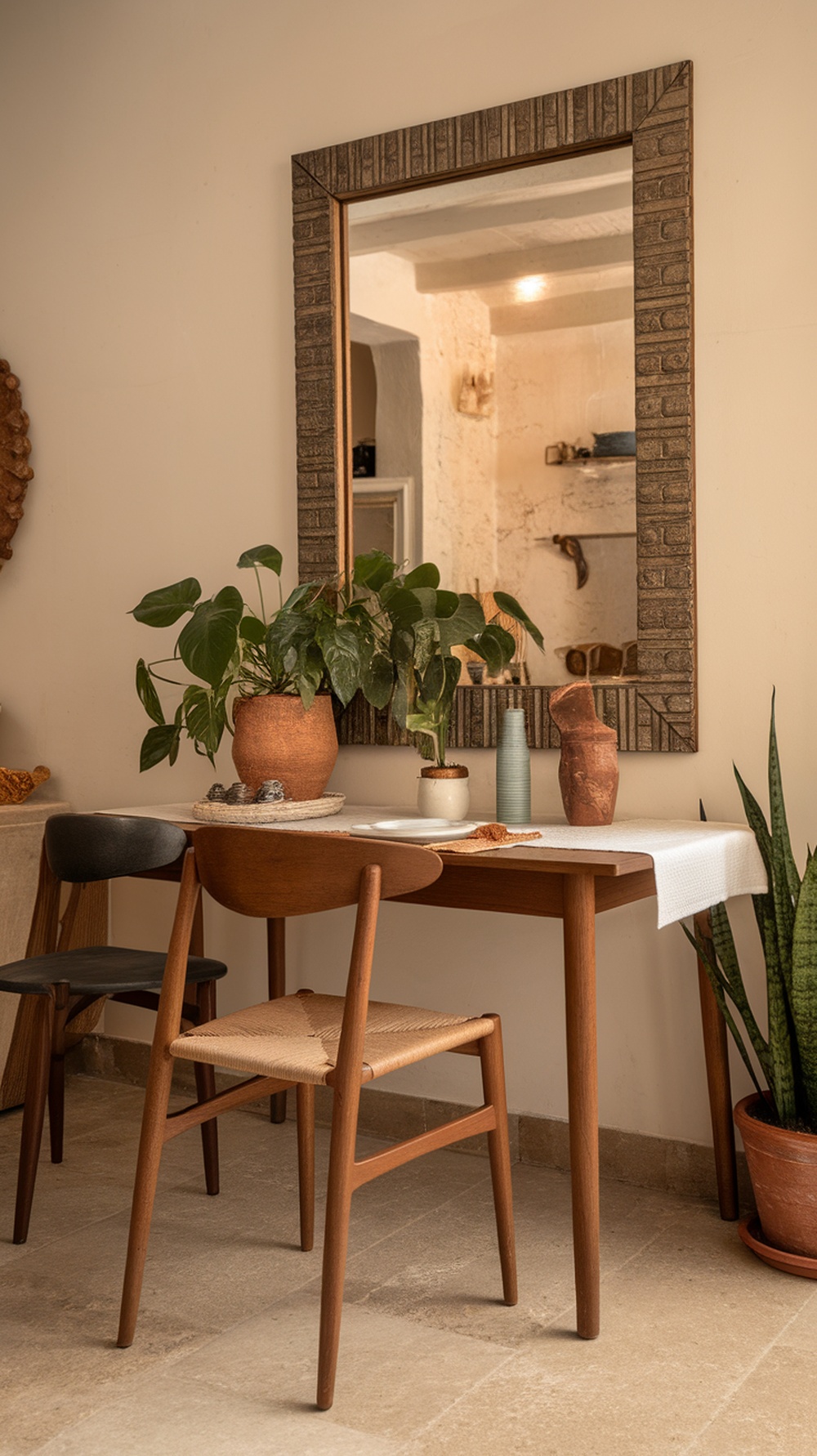 A cozy dining area featuring a wooden table, chairs, a large mirror, and potted plants.