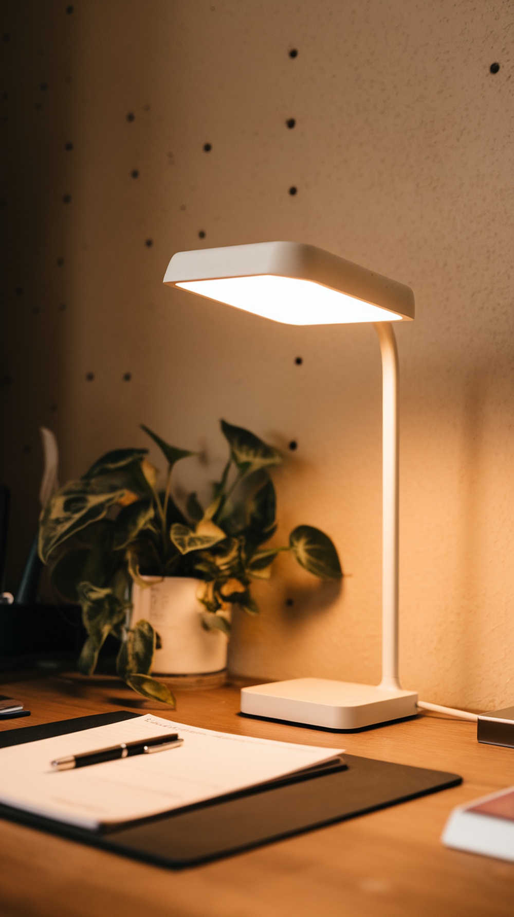 A modern desk lamp illuminating a workspace with a plant and stationery.