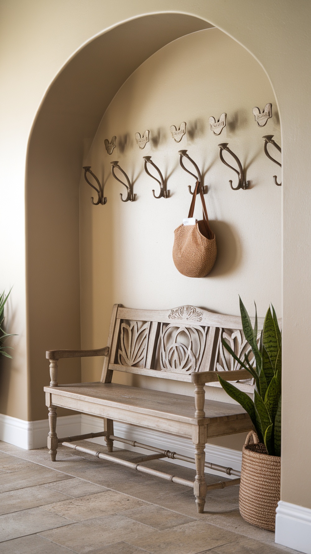 A cozy entryway featuring a wooden bench, decorative hooks, and a plant.