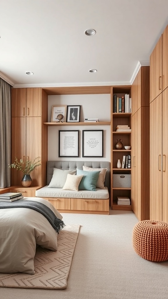 A cozy bedroom featuring functional furniture, warm wood tones, and organized storage solutions.