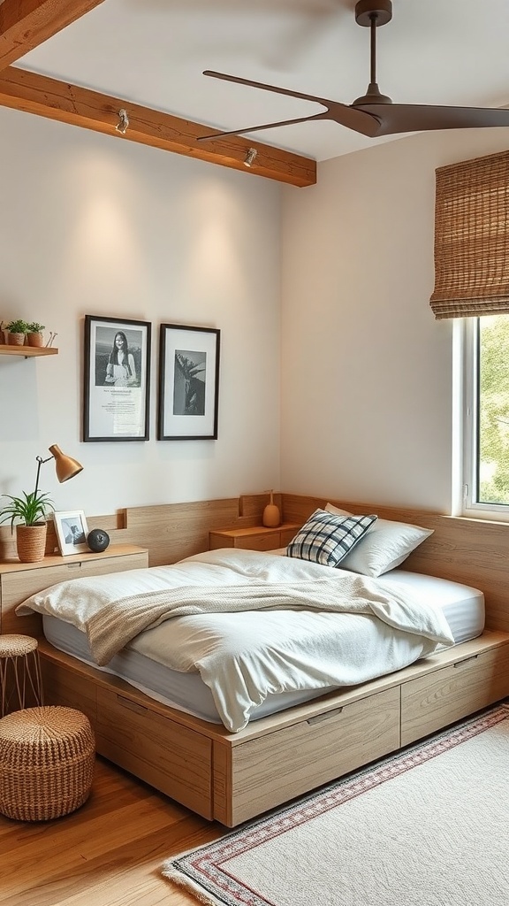 A cozy bedroom with a bed featuring storage drawers, a green throw, and natural light.