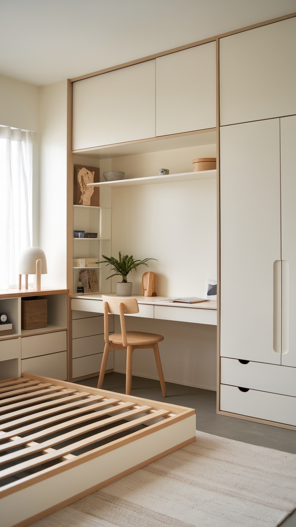 A minimalist Japandi bedroom featuring a low-profile bed, a desk area, and integrated storage.