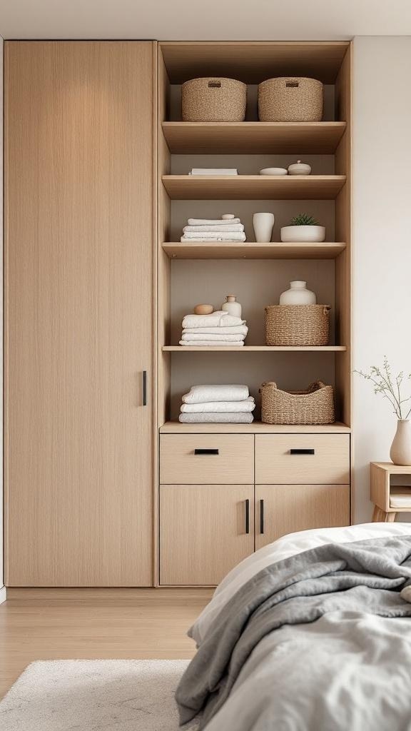 A modern Japandi bedroom showcasing functional storage solutions with wooden cabinetry and organized shelves.