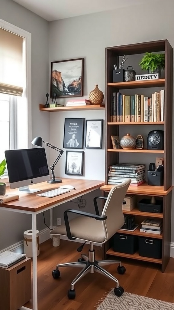 A stylish home office setup with functional storage solutions, featuring shelves with books, plants, and decorative boxes.